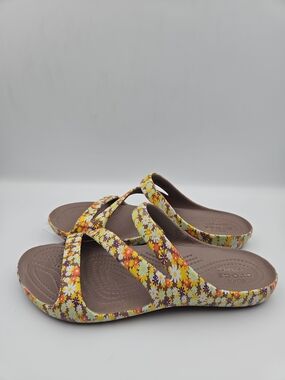 CROCS Women's Brown Sandal with Yellow & Orange Floral Print